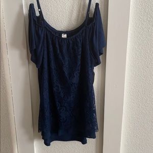 Blue lace cold shoulder blouse